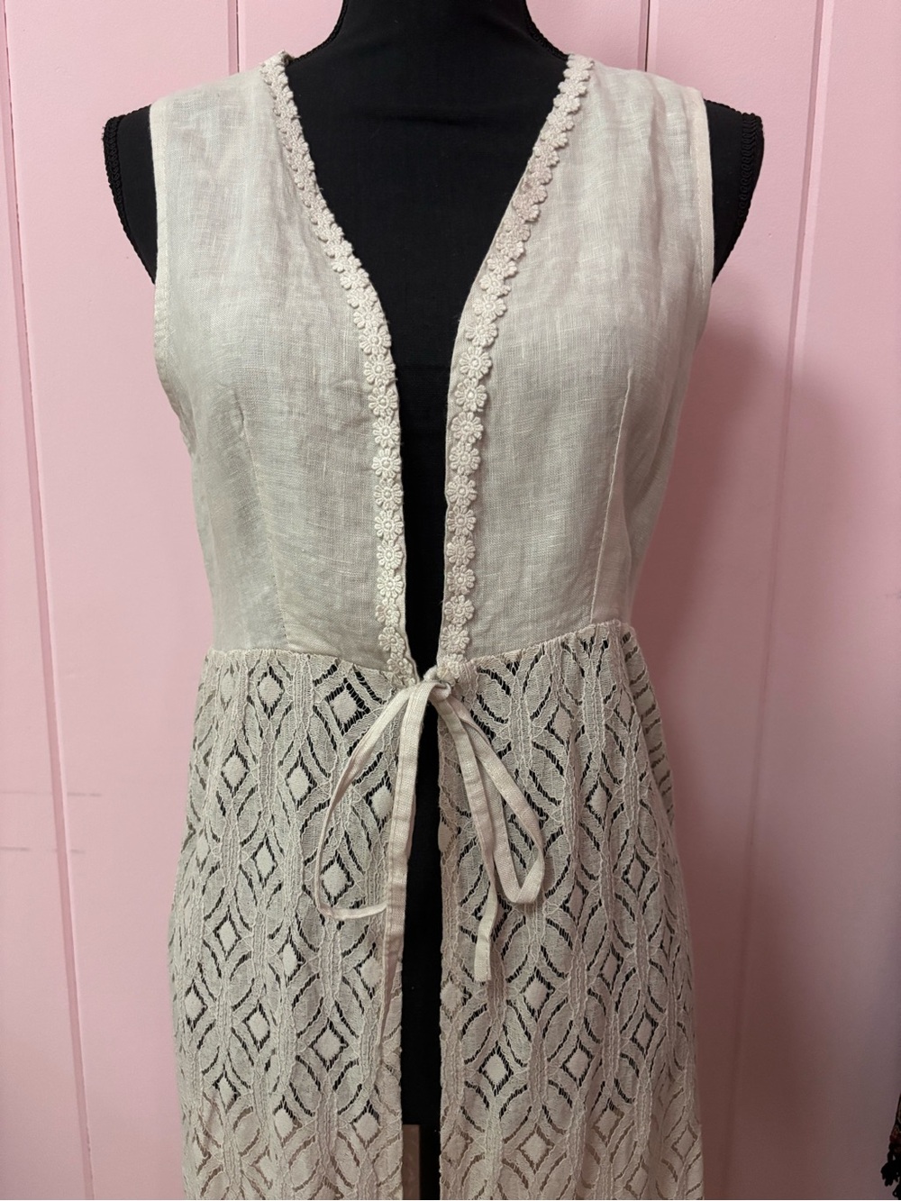 NWT Valentina Naldi 100% Linen Beige Boho Duster Vest Floral Trim Cottagecore